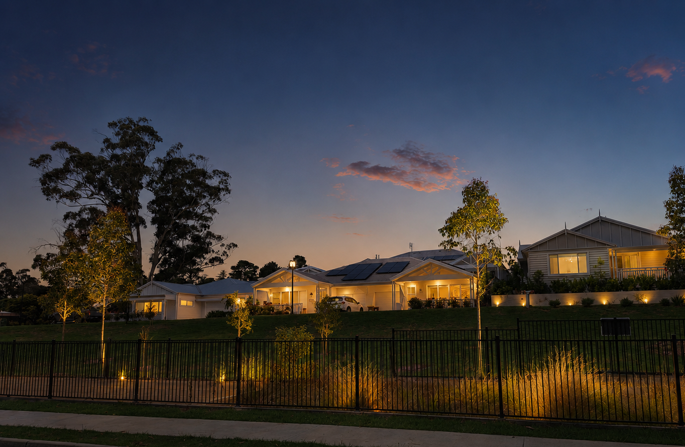 Evening view of illuminated homes and landscaped grounds at Woodside Bundanoon beneath a colourful sunset sky.